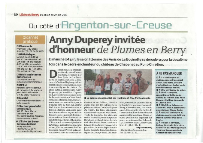 Presse Plumes_Anny Duperey invitée d honneur de Plumes en Berry